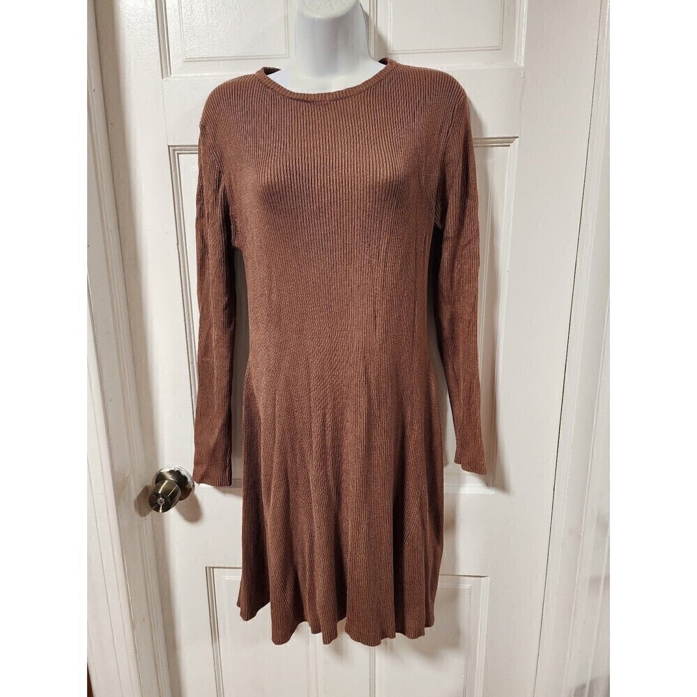 Women’s Brown A-Line Dress Large Long Sleeve Round Neck Casual Flowy Fall